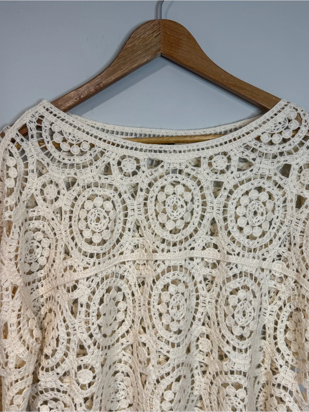 Zara Cream Crochet Lace Long Sleeve Crop Top Black Trim Boho Festival Sheer M